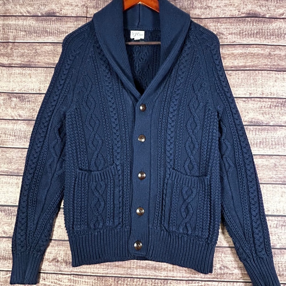 J.Crew Mens Navy Blue Cable-Knit Shawl Collar Cardigan Sweater Small Cotton